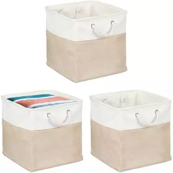 Relaxdays Aufbewahrungskorb Leinen Beige 3er Set 33 cm x 33 cm x 33 cm
