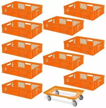 BRB Eurobeh&auml;lter 600x400x150mm lebensmittelecht orange, 10er-Set mit Transportroller