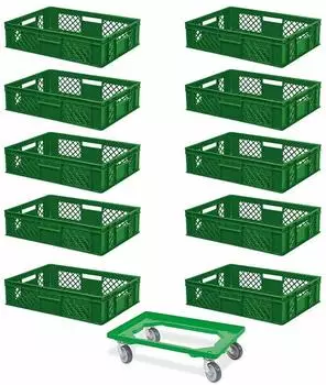 BRB 10 Euroboxen 600x400x150mm lebensmittelecht gr&uuml;n + Transportroller