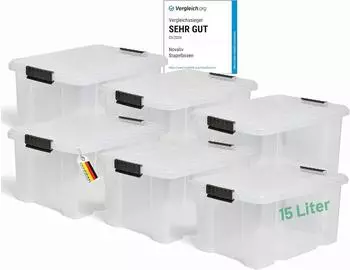 Novaliv Nestbar Aufbewahrungsbox mit Deckel, 15L, transparent, stapelbar, BPA-frei, 6er-Set (30533)
