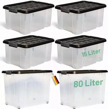 Novatool Aufbewahrungsboxen-Set mit Deckel, anthrazit, 5-tlg. (1x80L + 4x15L)