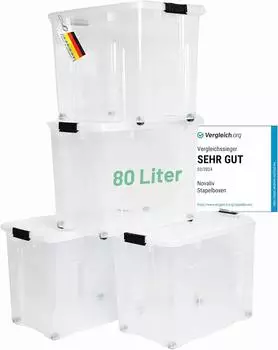 Novaliv Aufbewahrungsbox mit Deckel 80L transparent, stapelbar, mit Rollen, 4er-Set (61x40x45cm)
