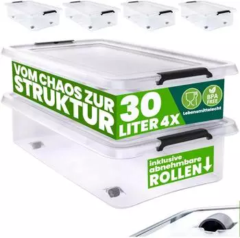 Deuba Aufbewahrungsbox 4er-Set 30L transparent, stapelbar, mit Rollen (RB60)
