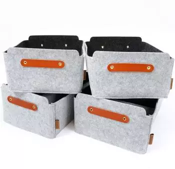 MIQIO Aufbewahrungsbox aus Filz mit Ledergriff, hellgrau, 4er-Set (fbox-sm-lg-4)