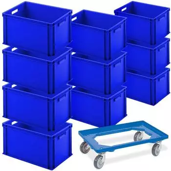 BRB 10 Euroboxen 600x400x320mm, blau, geschlossen + Transportroller (32216)