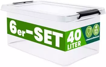 Deuba Aufbewahrungsbox mit Deckel, 40L, transparent, stapelbar, 6er-Set (997682)