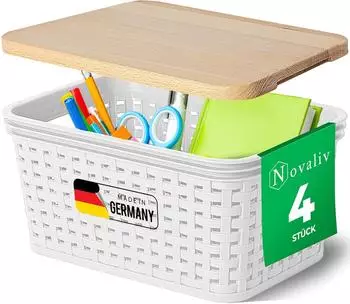 Novaliv Aufbewahrungskörbe 4er-Set Rattan-Optik mit Holzdeckel, weiß, 2L (30993-30980)