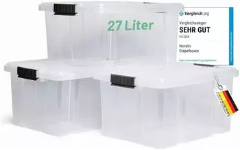 Novaliv Nestbar Aufbewahrungsbox mit Deckel, 27L, transparent, BPA-frei, 3er-Set (46,5x36,5x24cm)