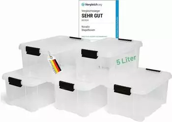 Novaliv Aufbewahrungsboxen mit Deckel, 5L, transparent, stapelbar, BPA-frei, 5er-Set (30530+5xTRA)