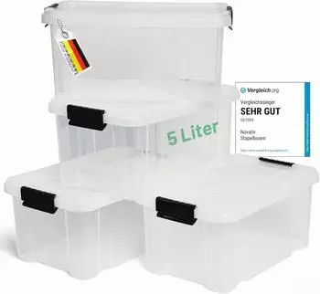 Novaliv Aufbewahrungsbox mit Deckel 5L, transparent, stapelbar, BPA-frei, 4er-Set (30530)