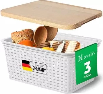 Novaliv Aufbewahrungsbox mit Holzdeckel 3er-Set, 5L, Rattan-Optik, wei&szlig;, BPA-frei