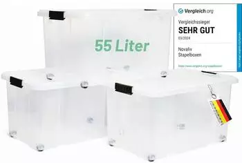 Novaliv Aufbewahrungsbox mit Deckel und Rollen, 55L, transparent, 3er-Set (61x40x32,5cm)