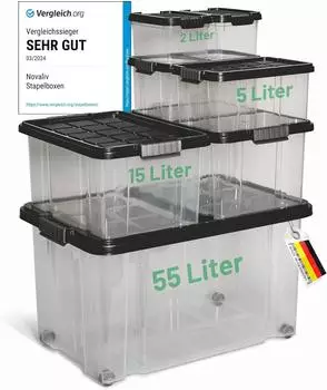 Novatool Novaliv 7-tlg. Aufbewahrungsboxen-Set mit Deckel, anthrazit, nestbar, stapelbar (1x55L + 2x15L + 2x5L + 2x2L)