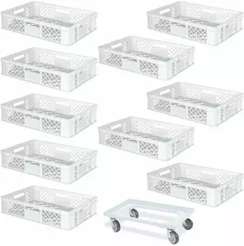 BRB Euroboxen 600x400x150mm lebensmittelecht wei&szlig; mit Transportroller, 10er-Set (32206)