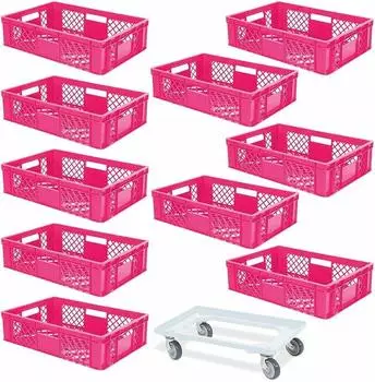 BRB Euroboxen 600x400x150mm lebensmittelecht pink mit Transportroller, 10er-Set (32222)