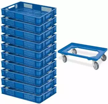 BRB Eurobeh&auml;lter/B&auml;ckerkiste 600x400x90mm blau, 10er-Set + Transportroller (32224)