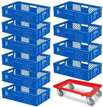 BRB Euroboxen 600x400x150mm blau, lebensmittelecht, mit Transportroller, 10er-Set (21380)