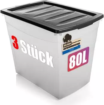 BigDean Budget Line Aufbewahrungsbox mit Deckel und Rollen 80L, 3er-Set (1003101)
