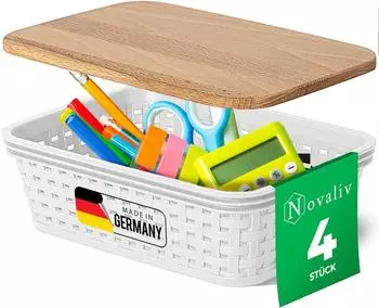Novaliv Aufbewahrungskörbe 4er-Set Rattan-Optik mit Holzdeckel, 1L, weiß (30990-30980)