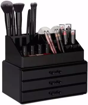 Relaxdays Make-Up Organizer stapelbar, 19 F&auml;cher, schwarz, 2er-Set