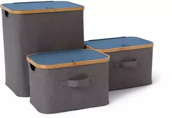 Lumaland Aufbewahrungsbox mit Bambus-Rahmen, faltbar, grau/blau, 3er-Set