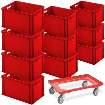 BRB Euro-Beh&auml;lter 10er-Set mit Transportroller 600x400x320mm, rot (00032199)