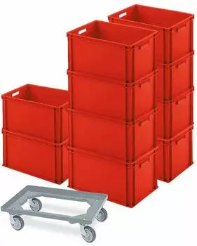 BRB Euro-Beh&auml;lter 600x400x320mm rot/grau mit Transportroller, 10er-Set (24705)