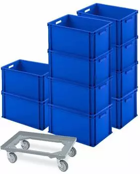 BRB Euro-Beh&auml;lter 600x400x320mm blau, 10er-Set mit Transportroller (24704)
