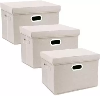 LuxusKollektion Aufbewahrungsbox mit Deckel, Stoff, faltbar, beige, 44x30x29cm, 3-Stück