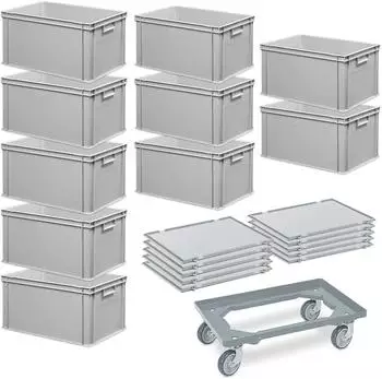 BRB Euroboxen-Set 600x400x320mm grau, 10 Boxen + 10 Scharnierdeckel + 1 Transportroller (32213)