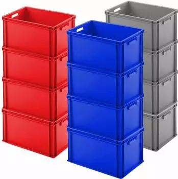BRB Euro-Stapelbeh&auml;lter 600x400x320mm PP, lebensmittelecht, 12er-Set blau/rot/grau
