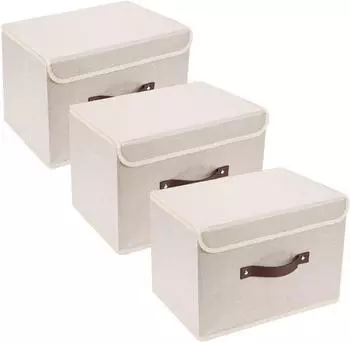 LuxusKollektion Faltbare Aufbewahrungsbox mit Deckel, Stoff, beige, 38x25x25cm, 3er-Set
