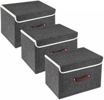 LuxusKollektion Faltbare Aufbewahrungsbox mit Deckel, Stoff, schwarz, 38x25x25cm, 3er-Set