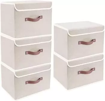 LuxusKollektion Faltbox mit Deckel & Griff, Stoff, beige, 38x25x25cm, 5er-Set