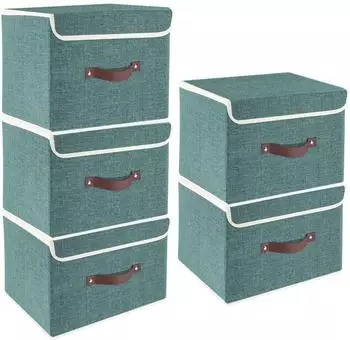 LuxusKollektion Faltbare Aufbewahrungsbox mit Deckel, Stoff, 38x25x25cm, 5er-Set, aqua deep