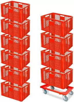 BRB Eurobeh&auml;lter 10er-Set 600x400x320mm lebensmittelecht rot + Transportroller (21387)
