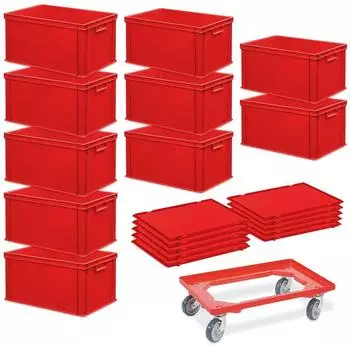BRB Euroboxen-Set 600x400x320mm rot, 10 Boxen + 10 Scharnierdeckel + Transportroller (32210)