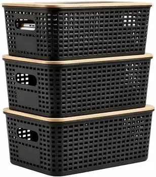Relaxdays Aufbewahrungsbox mit Bambusdeckel im Set Schwarz