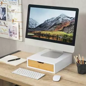 en.casa Vieremä Schreibtisch-Organizer mit Schublade, weiß/Bambusoptik (9x30x31cm)