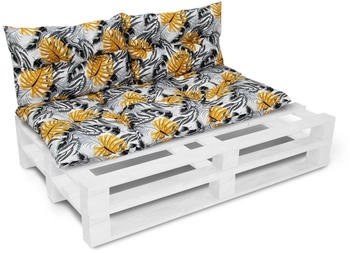 Amilian Palettenkissen Set 120x60 cm+ 2x40x60cm Monstera Grau Senfgelb