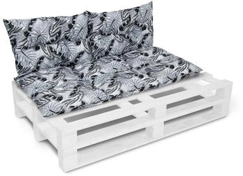 Amilian Palettenkissen Set 120x60 cm+ 2x40x60cm Monstera Grau