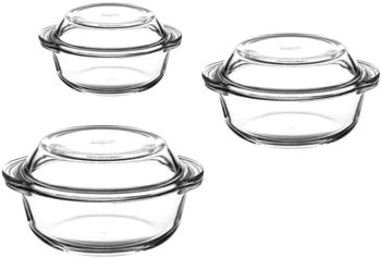 Pasabahce Borcam 3er Set Auflaufform rund mit Deckel Durchmesser: 22,19,16 cm H&ouml;hen: 8, 7, 6,5 cm