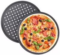 10 x Pizzablech, rund, gelocht, antihaft, Pizza & Flammkuchen, Carbonstahl,