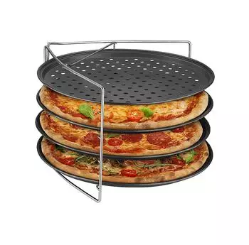 Relaxdays Loch-Pizzablech 4er-Set mit Gestell, Edelstahl, anthrazit/silber