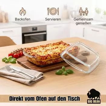 BigDean Glasauflaufform mit Deckel & Griffen, rechteckig, 3,3L