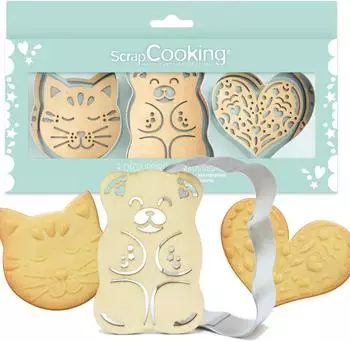 ScrapCooking Ausstecher & Stempel Set Klassisch, Katze, Teddybär & Herz, Edelstahl & Holz (2111)