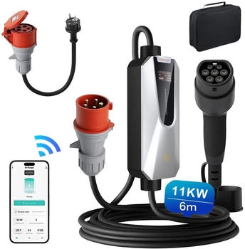 Junsun Mobile Wallbox EV Ladeger&auml;t 11kW Typ 2 6m Ladekabel 5-poligen 6-16A