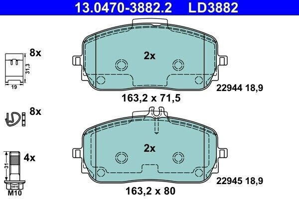 ATE Bremsbelagsatz - Scheibenbremse mit Zubehör vorne rechts links für Mercedes-Benz A-Klasse A, B-Klasse (13.0470-3882.2)