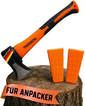 TronicXL Handbeil mit 2 Keilen 600g, Fiberglasstiel, Anti-Rutsch-Griff