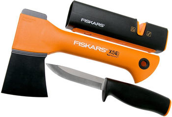 Fiskars X5 Fireplace Set (X5 Beil, Messer, Messerschärfer)